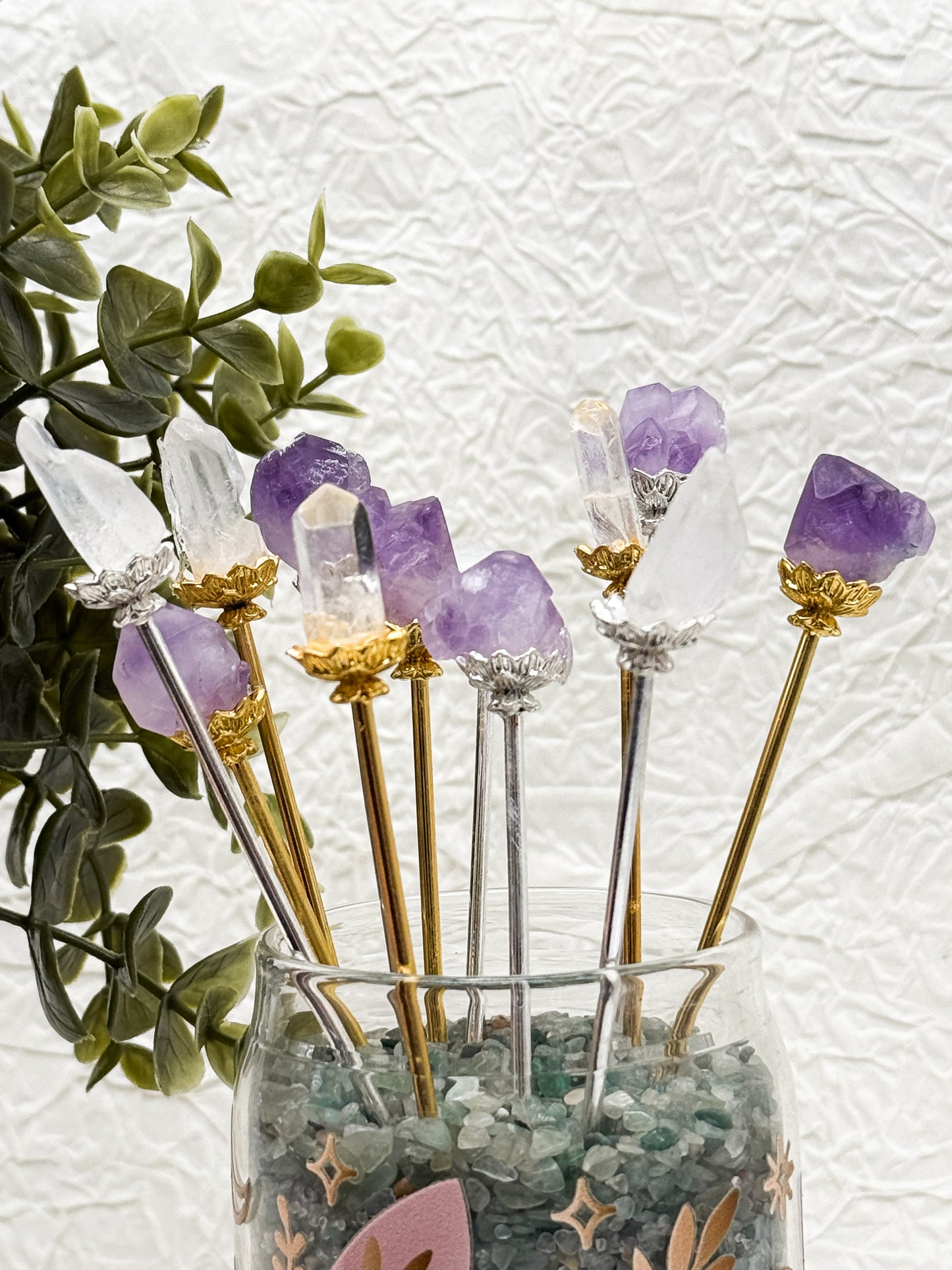 Haarnadeln mit Amethyst & Bergkristall| Gold und Silber