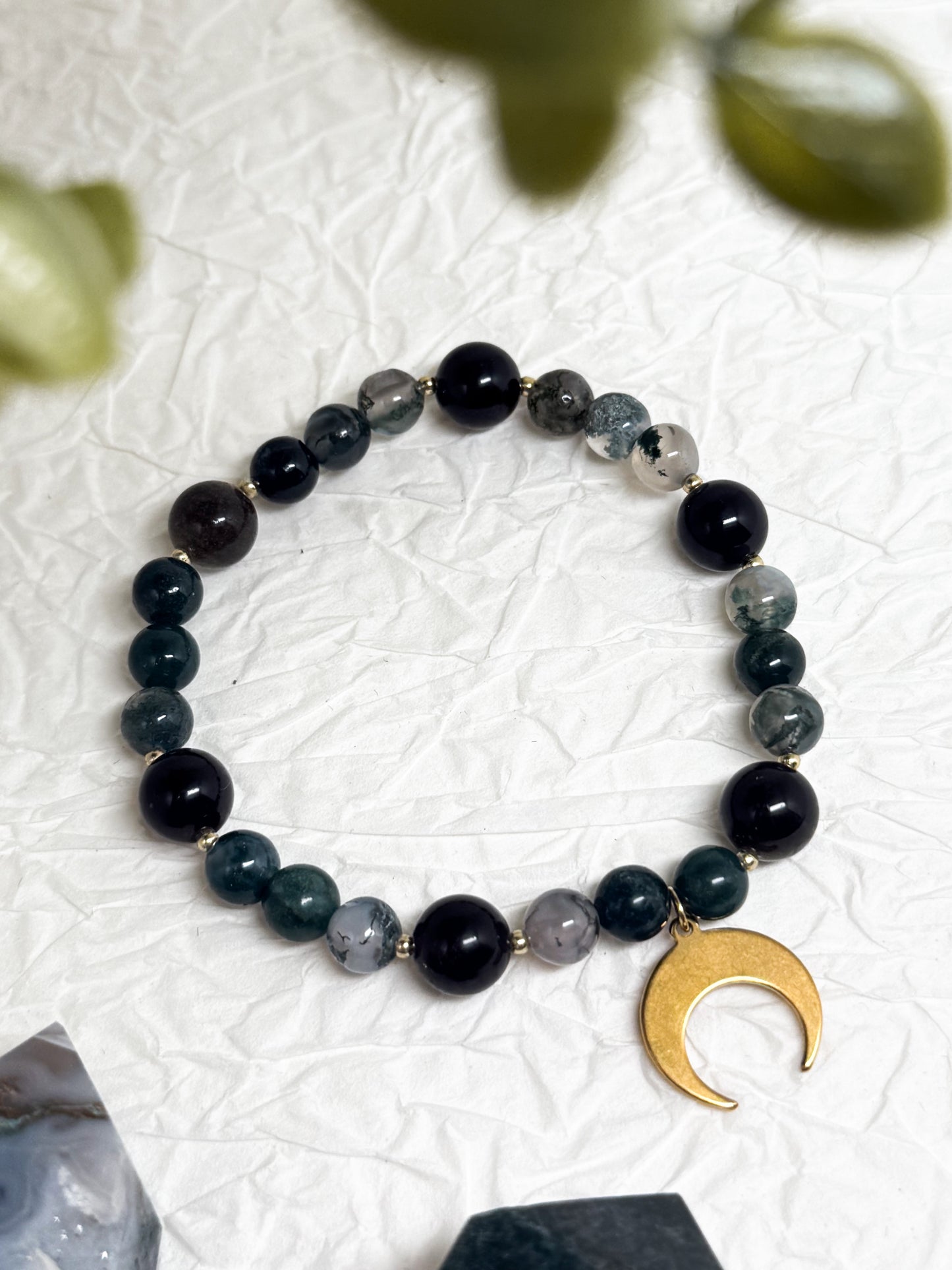 Armband "Nocturnis" | Moosachat - Obsidian | Silber & Gold | Edelstahl