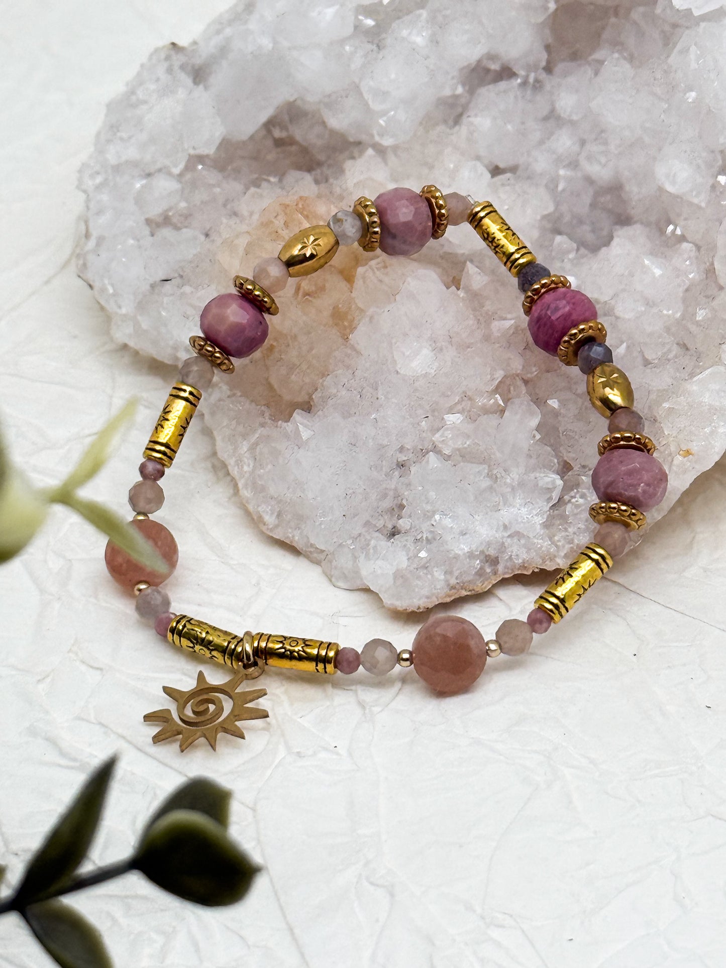 Armband "Aurora Rosea" | Rhodochrosit & Mondstein | Silber & Gold | Edelstahl