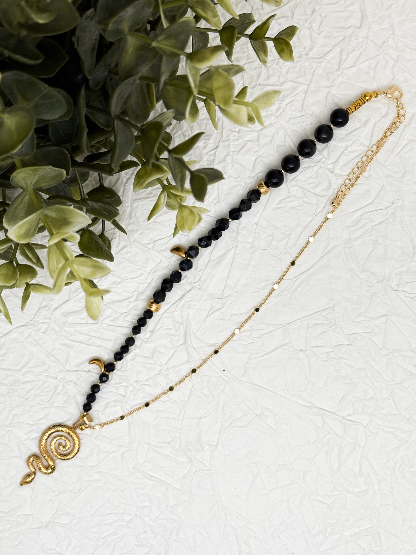 "Serpentis Luna" Perlenkette | Obsidian | Gold & Silber