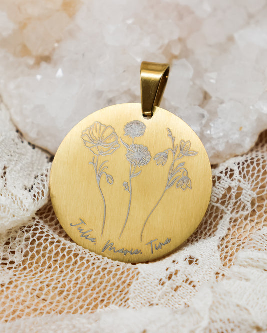 Gravur Geburtsblume Anhänger | Gold & Silber
