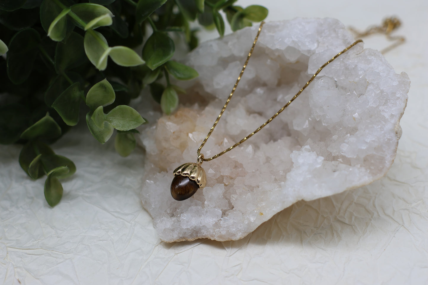 Eichel Tigerauge-Kette | Gold und Silber | Edelstahl