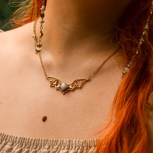Moonbat Amulet Kette Gold & Silber | Mondstein, Labradorit, Amethyst & Obsidian | Edelstahl