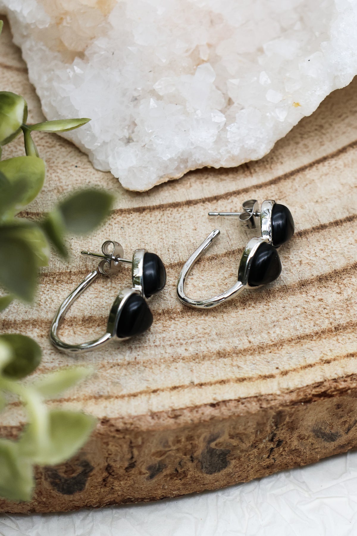 Baby Witch Herz Obsidian & Bergkristall Ohrstecker | Gold & Silber | Edelstahl