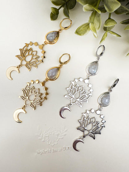 Lotus in Moonlight Mondstein Ohrringe | Gold & Silber