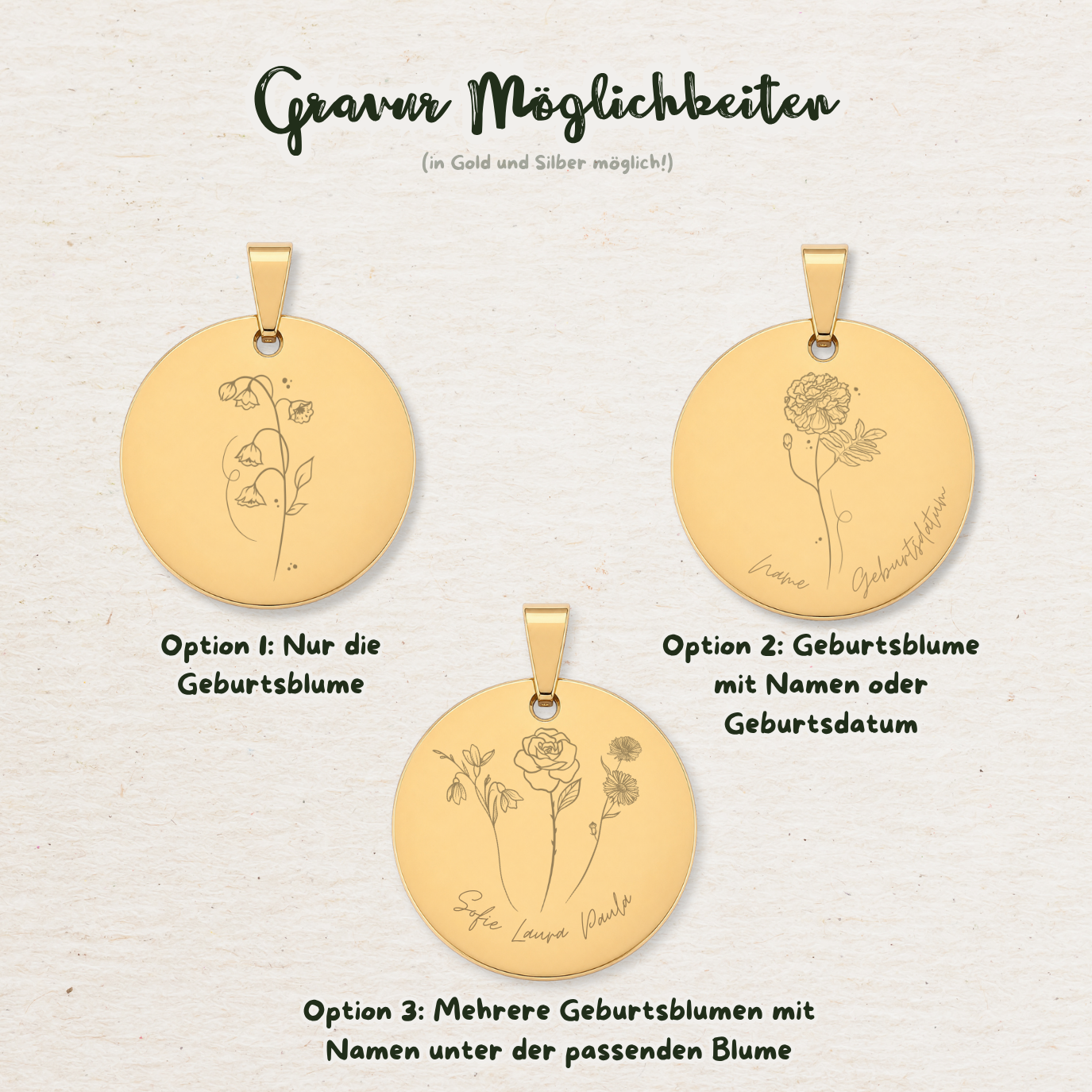 Gravur Geburtsblume Anhänger | Gold & Silber