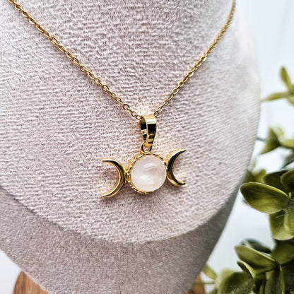 Mondphasen Wicca Kette | Bergkristall, Amethyst & Aventurin | Edelstahl