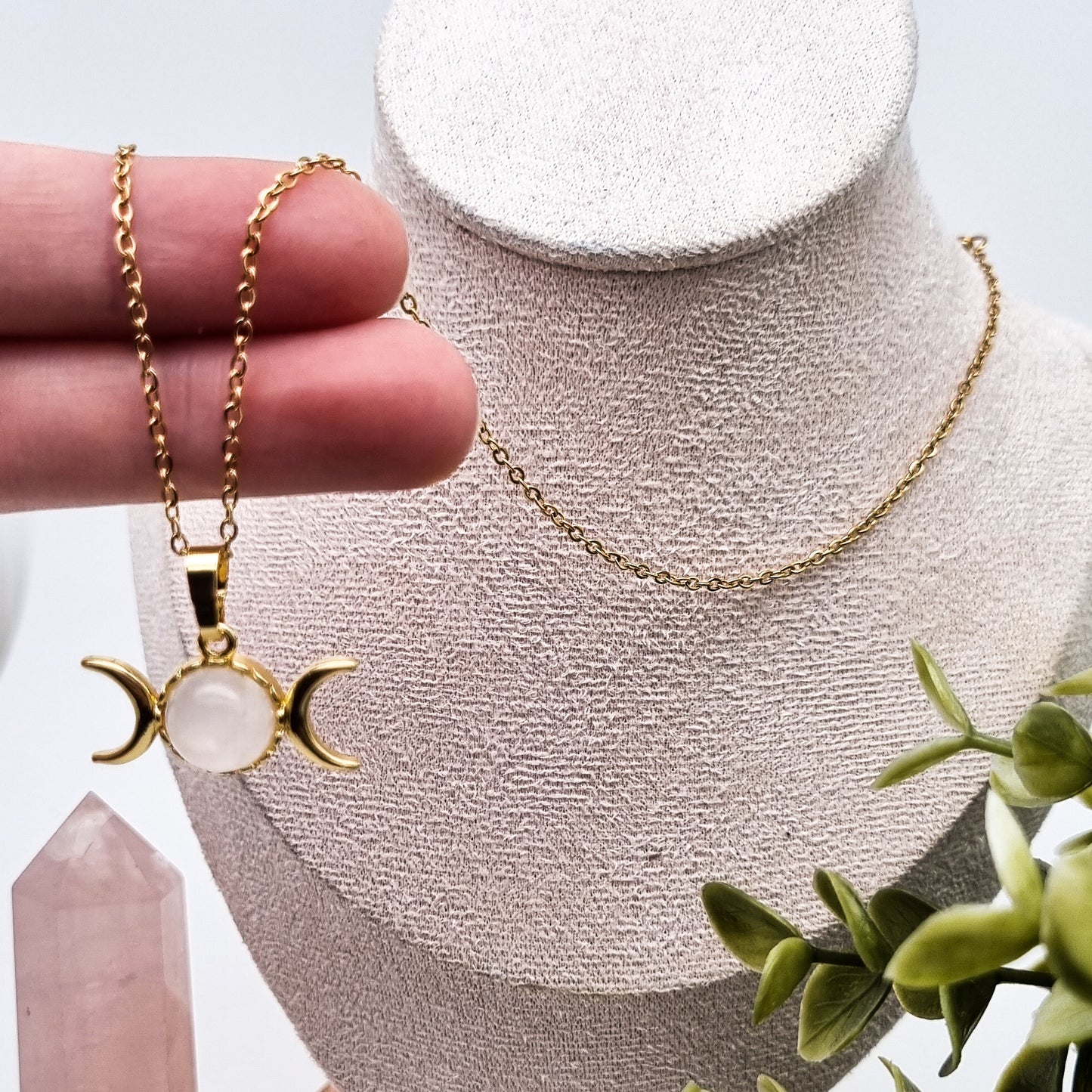 Mondphasen Wicca Kette | Bergkristall, Amethyst & Aventurin | Edelstahl