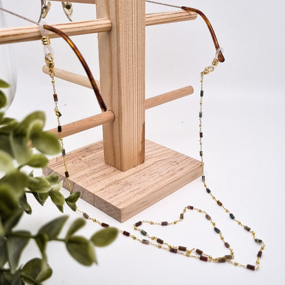 Brillenkette mit natürlichen Moosachatperlen | Gold