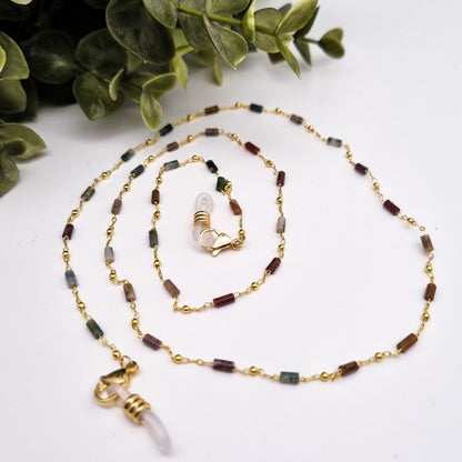 Brillenkette mit natürlichen Moosachatperlen | Gold