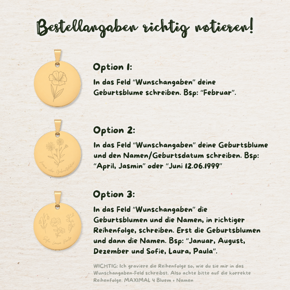 Gravur Geburtsblume Anhänger | Gold & Silber