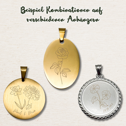 Gravur Geburtsblume Anhänger | Gold & Silber