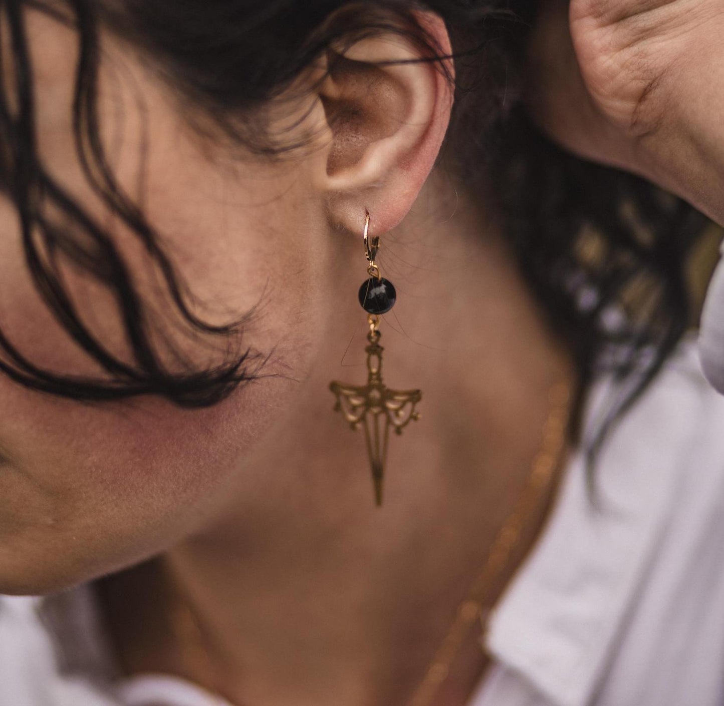 Magisches Schwert Ohrringe | Gold-Schimmer Obsidian | Gold und Silber