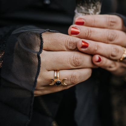 Wicca Mondphasen Ring - Obsidian & Tigerauge  | Größenverstellbar