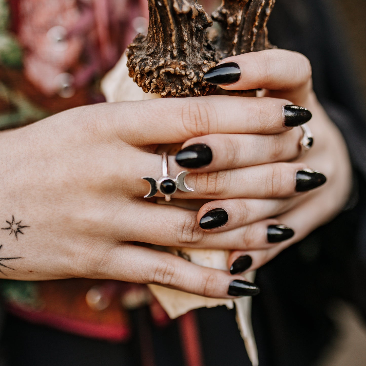 Wicca Mondphasen Ring - Obsidian & Tigerauge  | Größenverstellbar