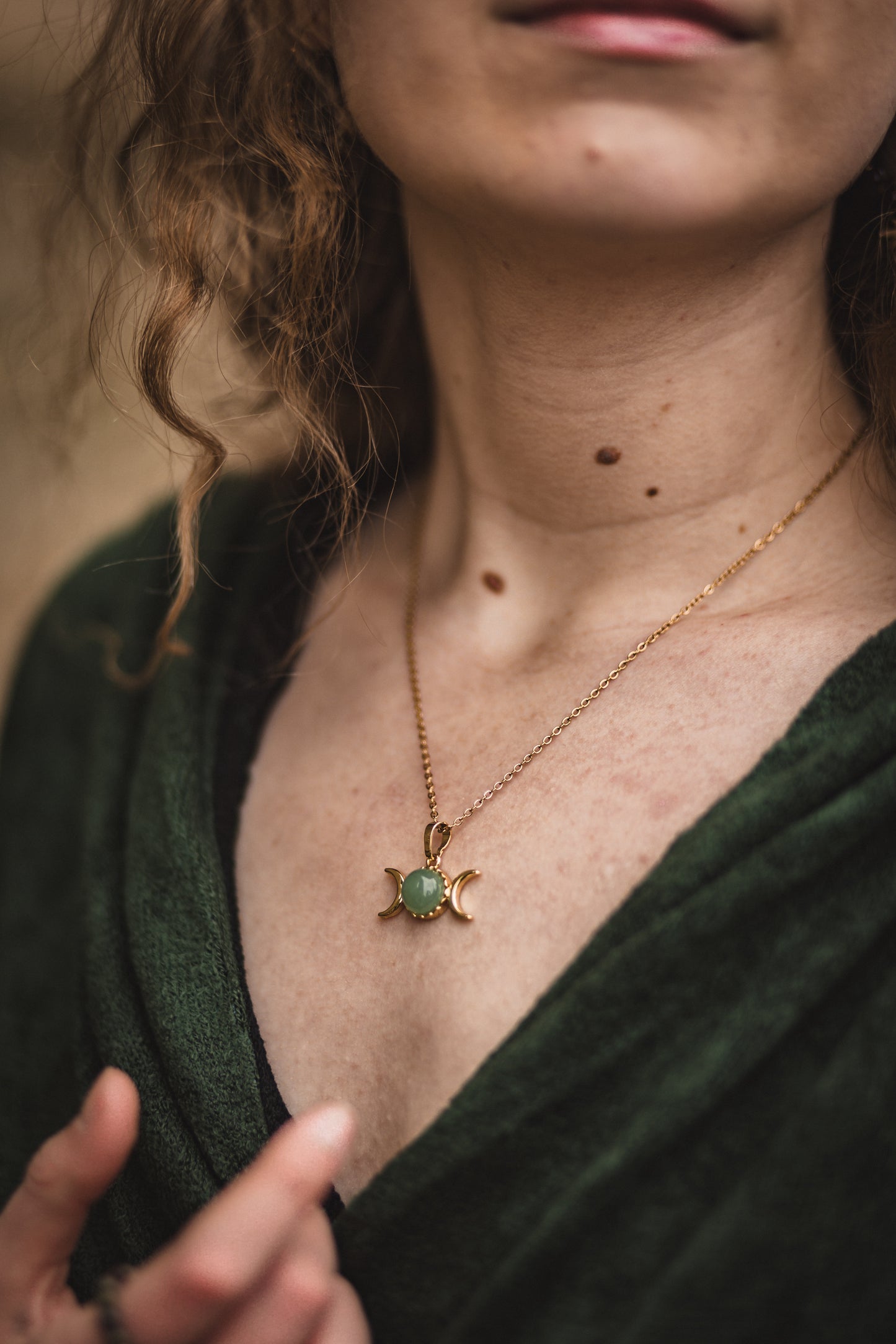 Mondphasen Wicca Kette | Bergkristall, Amethyst & Aventurin | Edelstahl