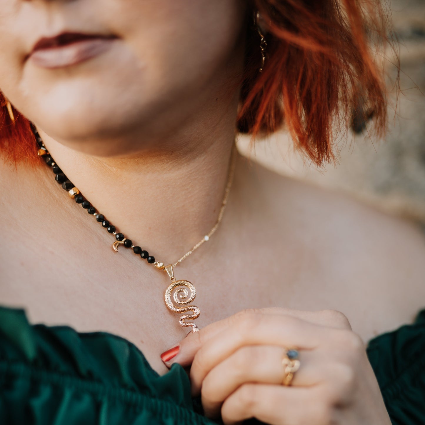 "Serpentis Luna" Perlenkette | Obsidian | Gold & Silber