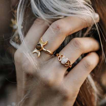 Wicca Mondphasen Ring - Obsidian & Tigerauge  | Größenverstellbar