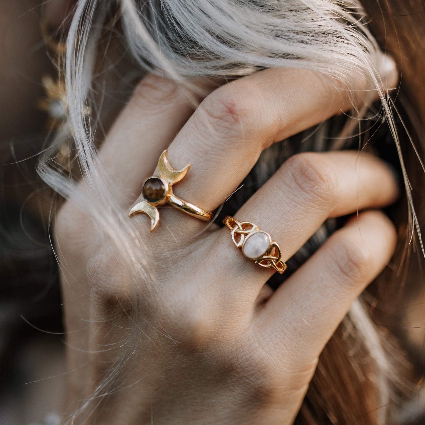 Witchknot Schutz Ring - Mondstein & Labradorit | Größenverstellbar