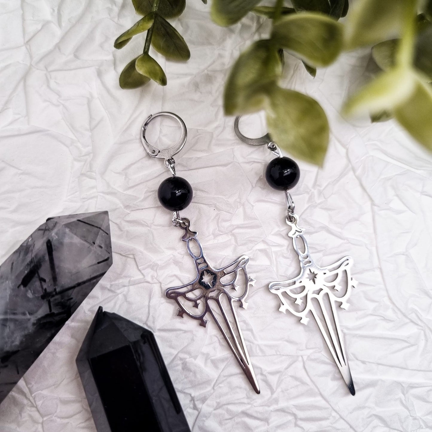 Magisches Schwert Ohrringe | Gold-Schimmer Obsidian | Gold und Silber