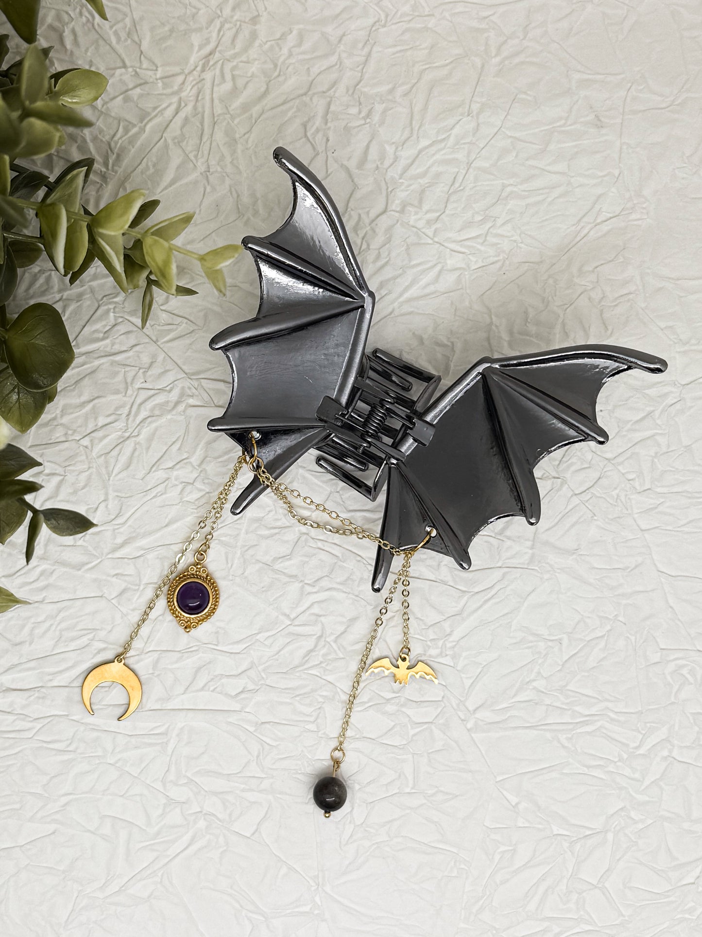 Fledermaus Haarklammer mit Amethyst | Gold & Silber