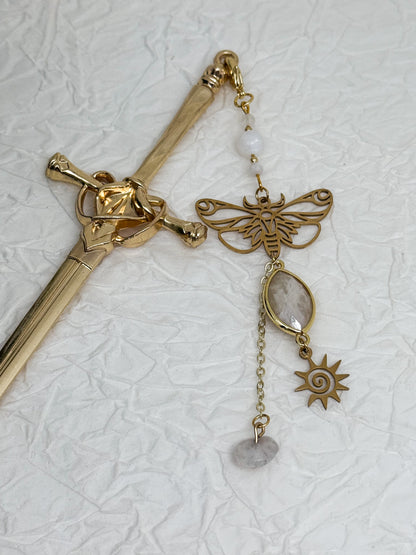 Schwert Haarnadeln mit Sonnenstein, Mondstein und Bergkristall | Gold & Silber