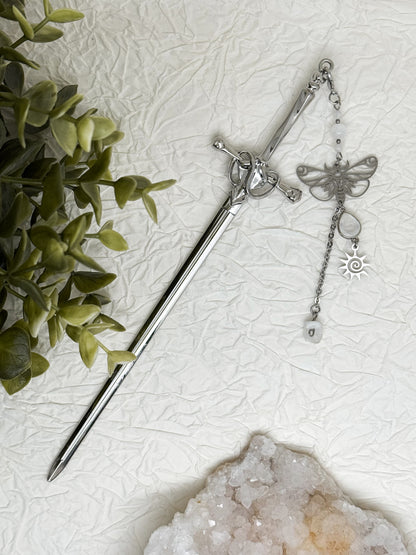 Schwert Haarnadeln mit Sonnenstein, Mondstein und Bergkristall | Gold & Silber