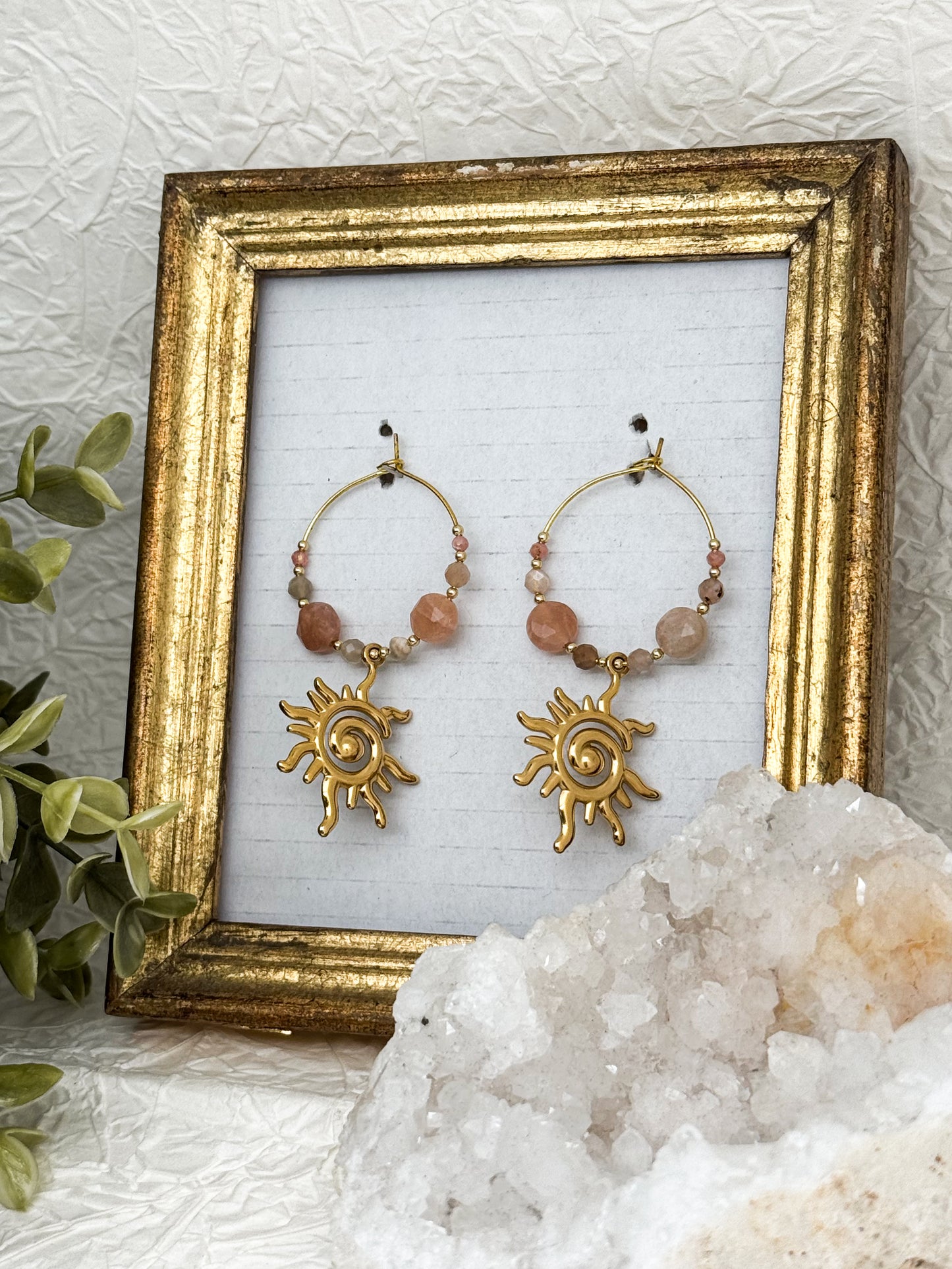 Moonkissed Sun Creolen mit Pfirsich-Mondstein & Rhodochrosit | Gold & Silber | Edelstahl