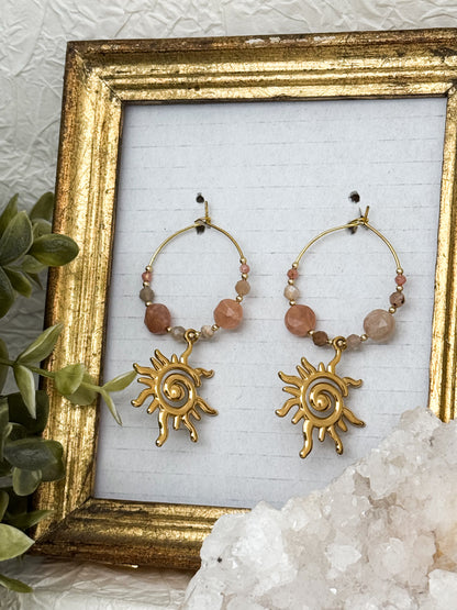 Moonkissed Sun Creolen mit Pfirsich-Mondstein & Rhodochrosit | Gold & Silber | Edelstahl