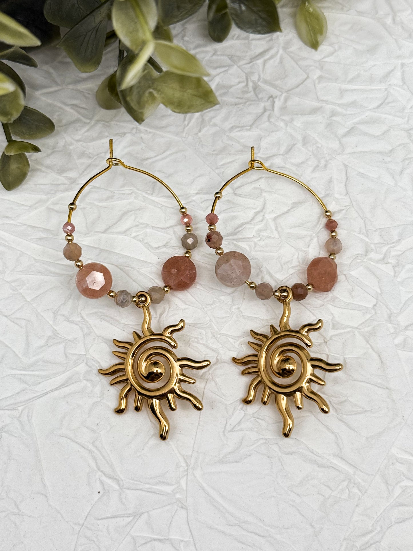 Moonkissed Sun Creolen mit Pfirsich-Mondstein & Rhodochrosit | Gold & Silber | Edelstahl