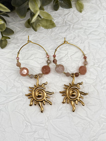 Moonkissed Sun Creolen mit Pfirsich-Mondstein & Rhodochrosit | Gold & Silber | Edelstahl