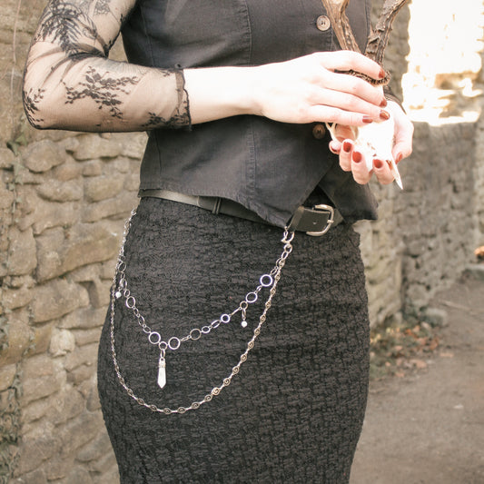 Gürtelkette - Taschenkette mit Mondstein & Bergkristall | Silber & Gold | Edelstahl