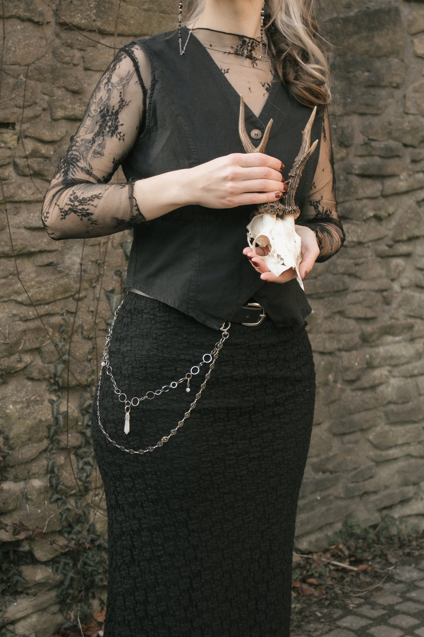 Gürtelkette - Taschenkette mit Mondstein & Bergkristall | Silber & Gold | Edelstahl