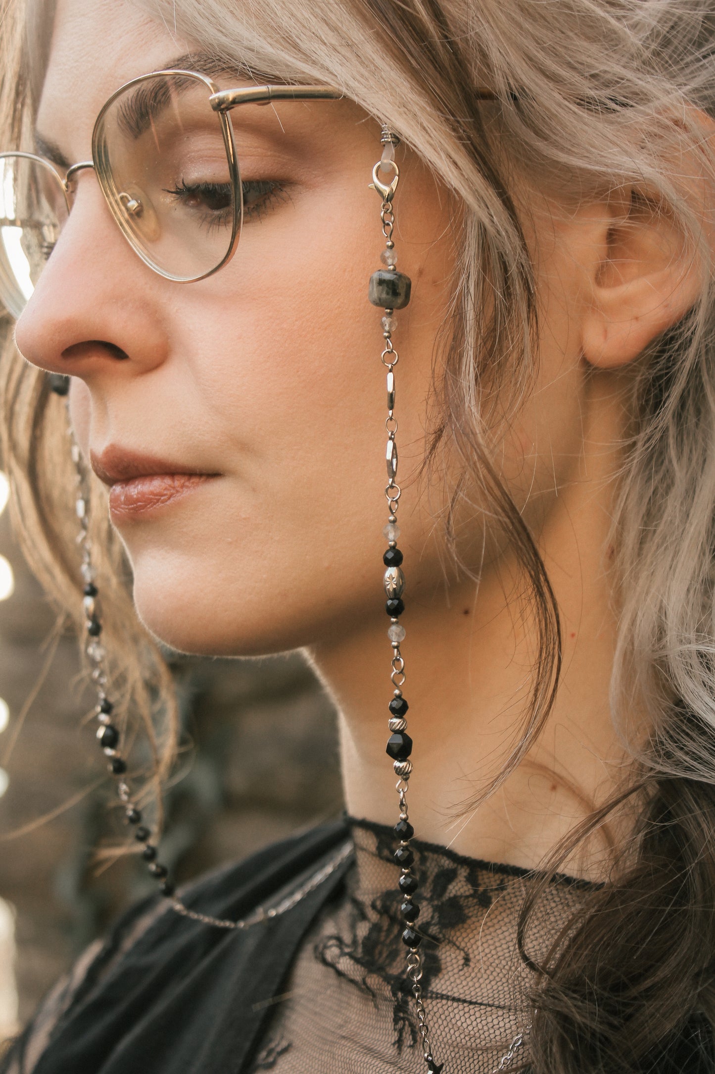 Brillenkette Dark Reputation mit Obsidian & Labradorit | Gold & Silber | Edelstahl