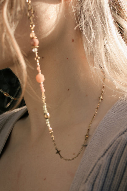 Brillenkette Bloom Spring mit Rhodochrosit & Pfirsich Mondstein | Gold & Silber | Edelstahl