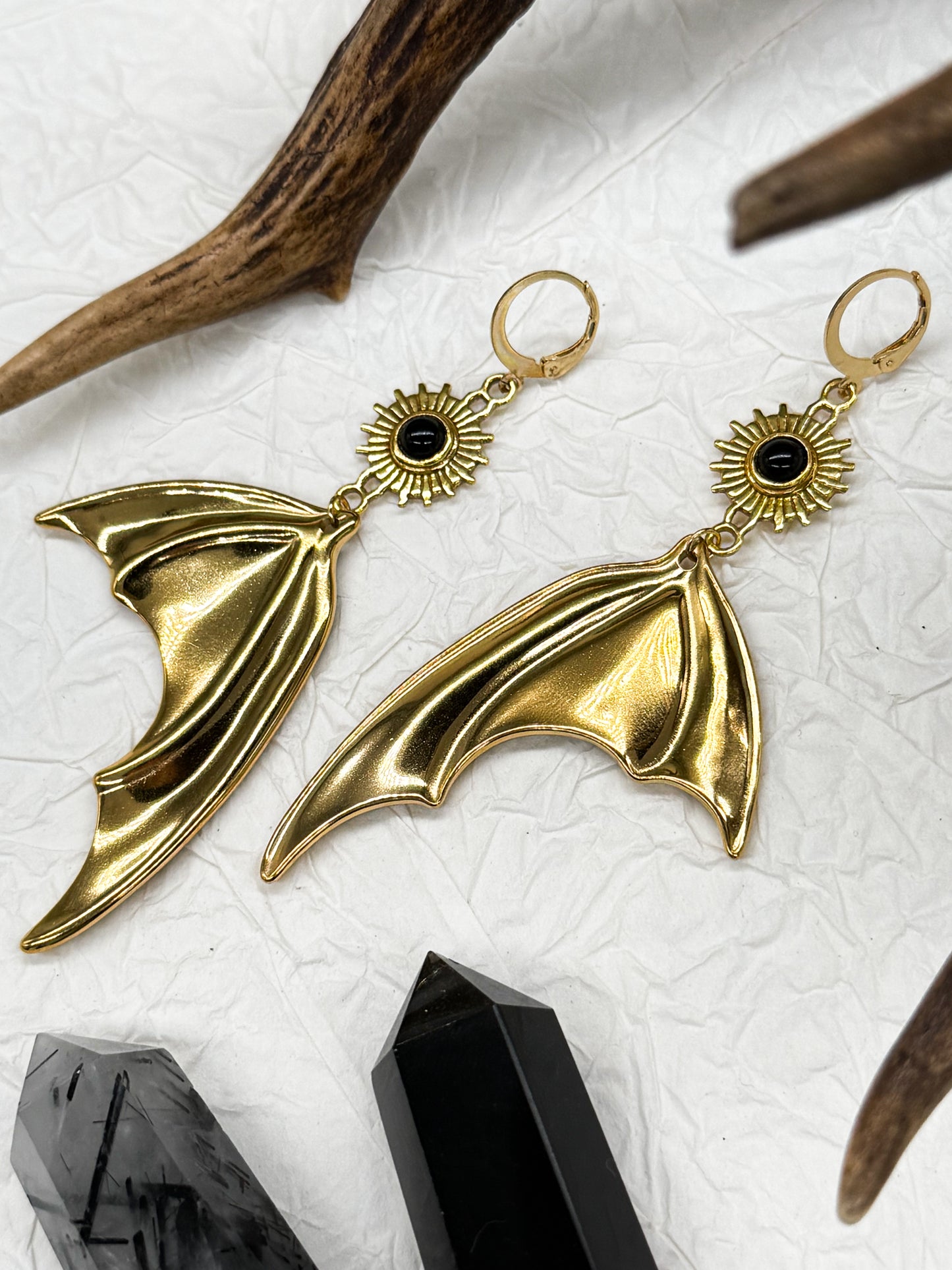 Magical Bat wings Obsidian Ohrringe | Gold & Silber | Edelstahl