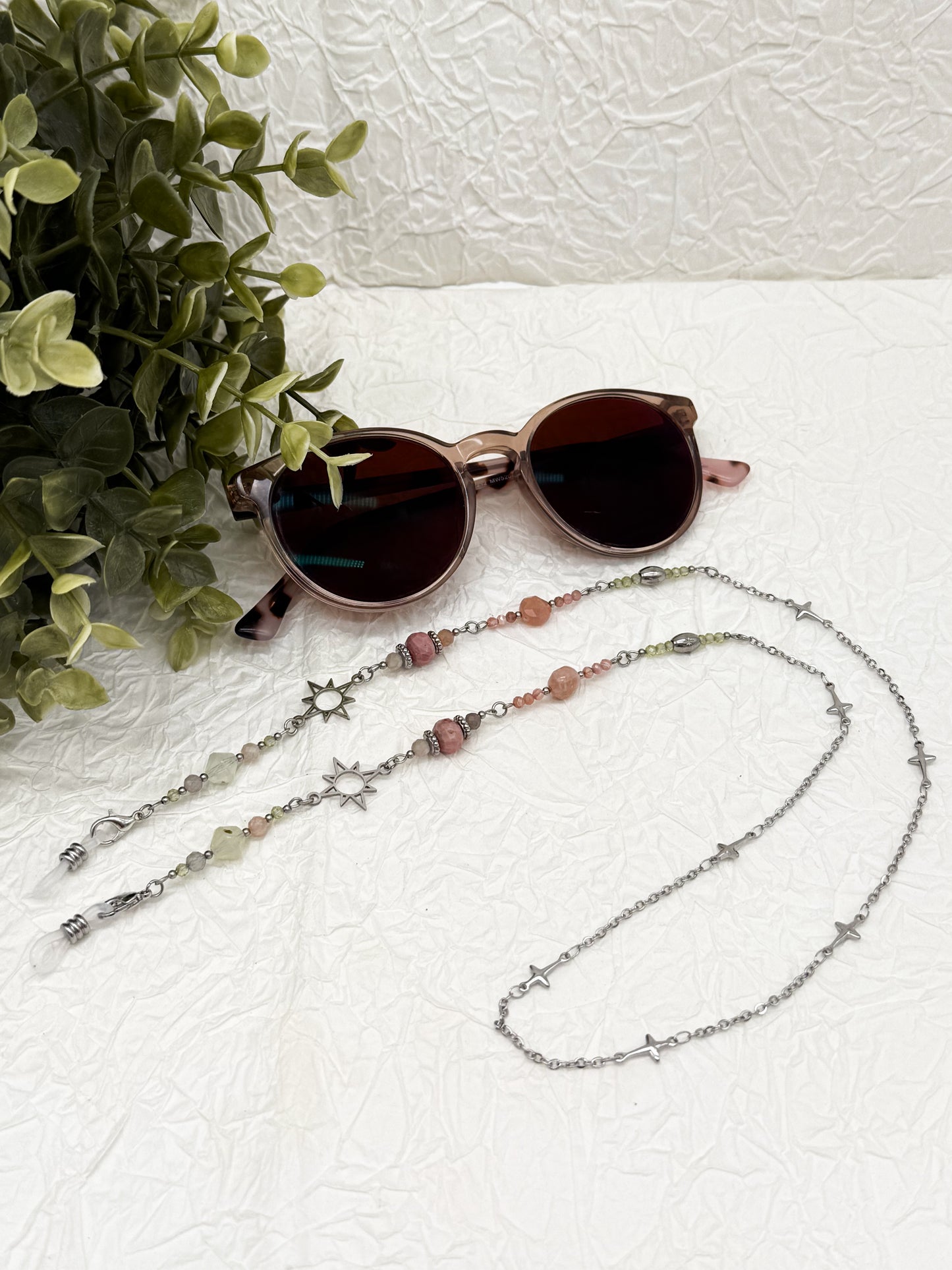 Brillenkette Bloom Spring mit Rhodochrosit & Pfirsich Mondstein | Gold & Silber | Edelstahl