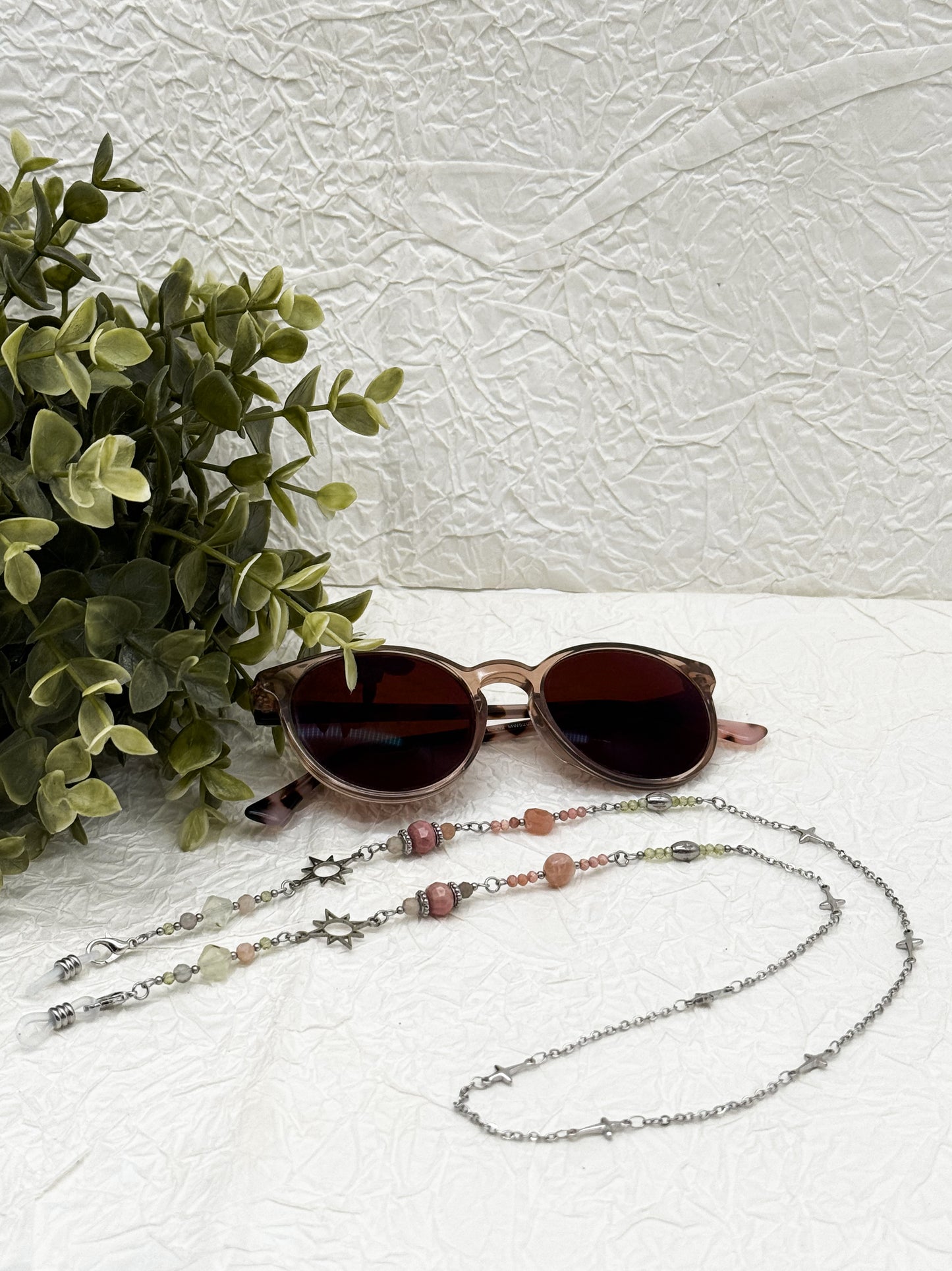 Brillenkette Bloom Spring mit Rhodochrosit & Pfirsich Mondstein | Gold & Silber | Edelstahl