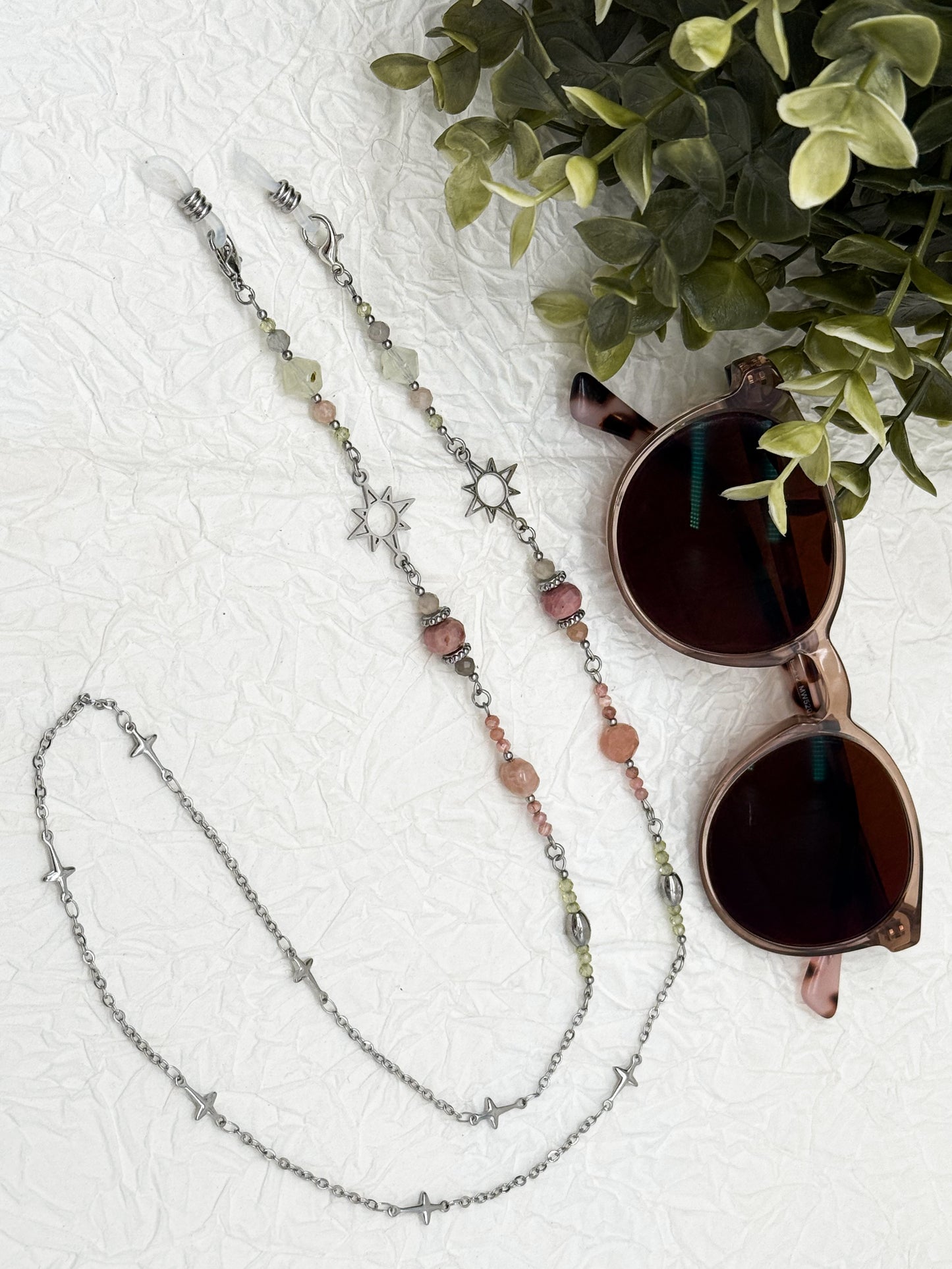 Brillenkette Bloom Spring mit Rhodochrosit & Pfirsich Mondstein | Gold & Silber | Edelstahl