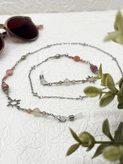 Brillenkette Bloom Spring mit Rhodochrosit & Pfirsich Mondstein | Gold & Silber | Edelstahl