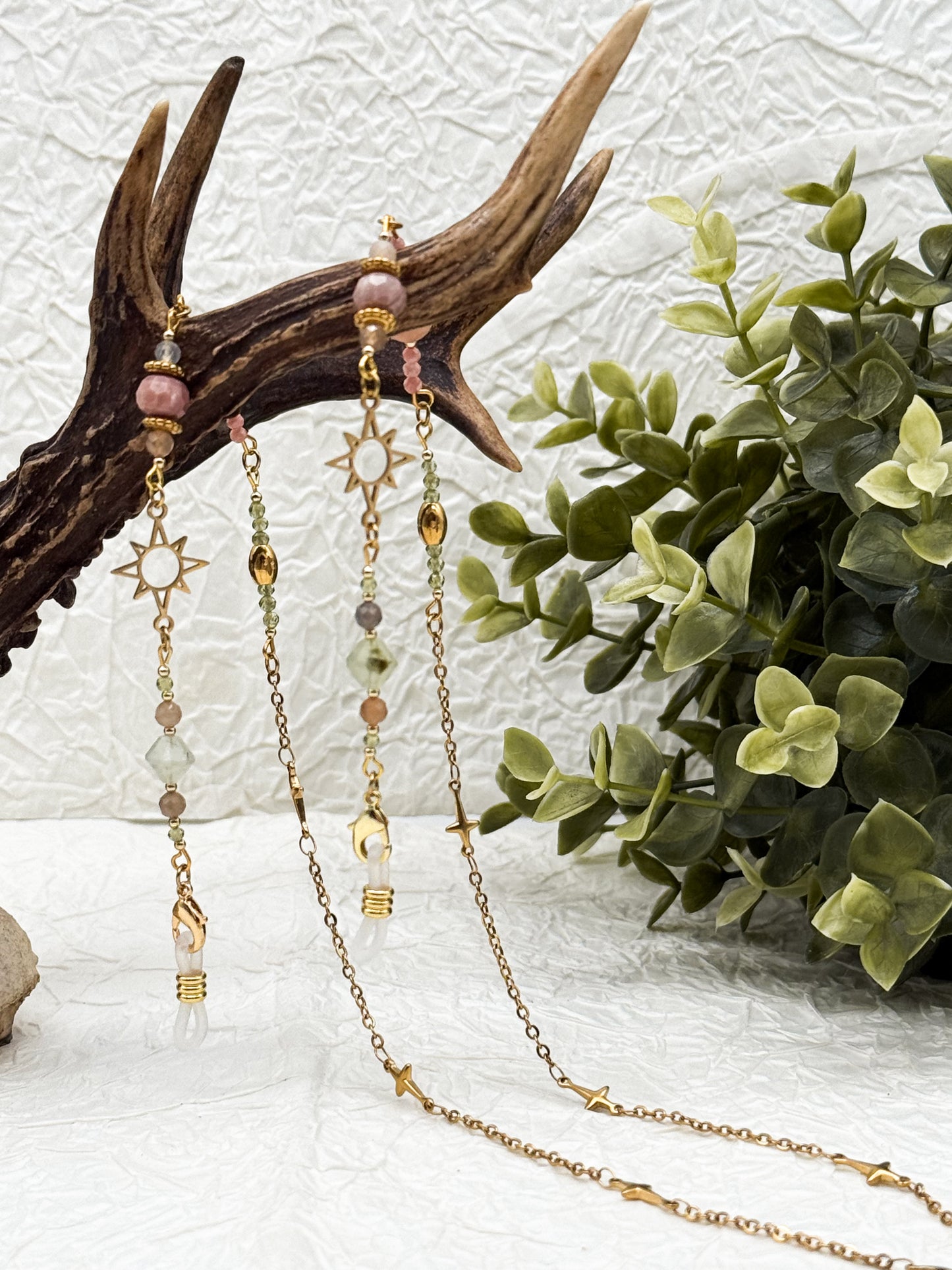 Brillenkette Bloom Spring mit Rhodochrosit & Pfirsich Mondstein | Gold & Silber | Edelstahl