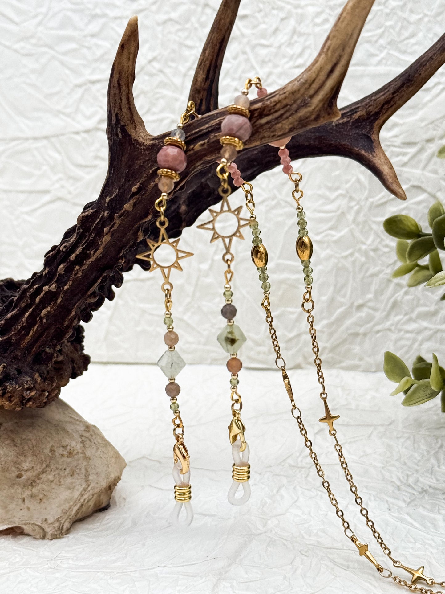 Brillenkette Bloom Spring mit Rhodochrosit & Pfirsich Mondstein | Gold & Silber | Edelstahl