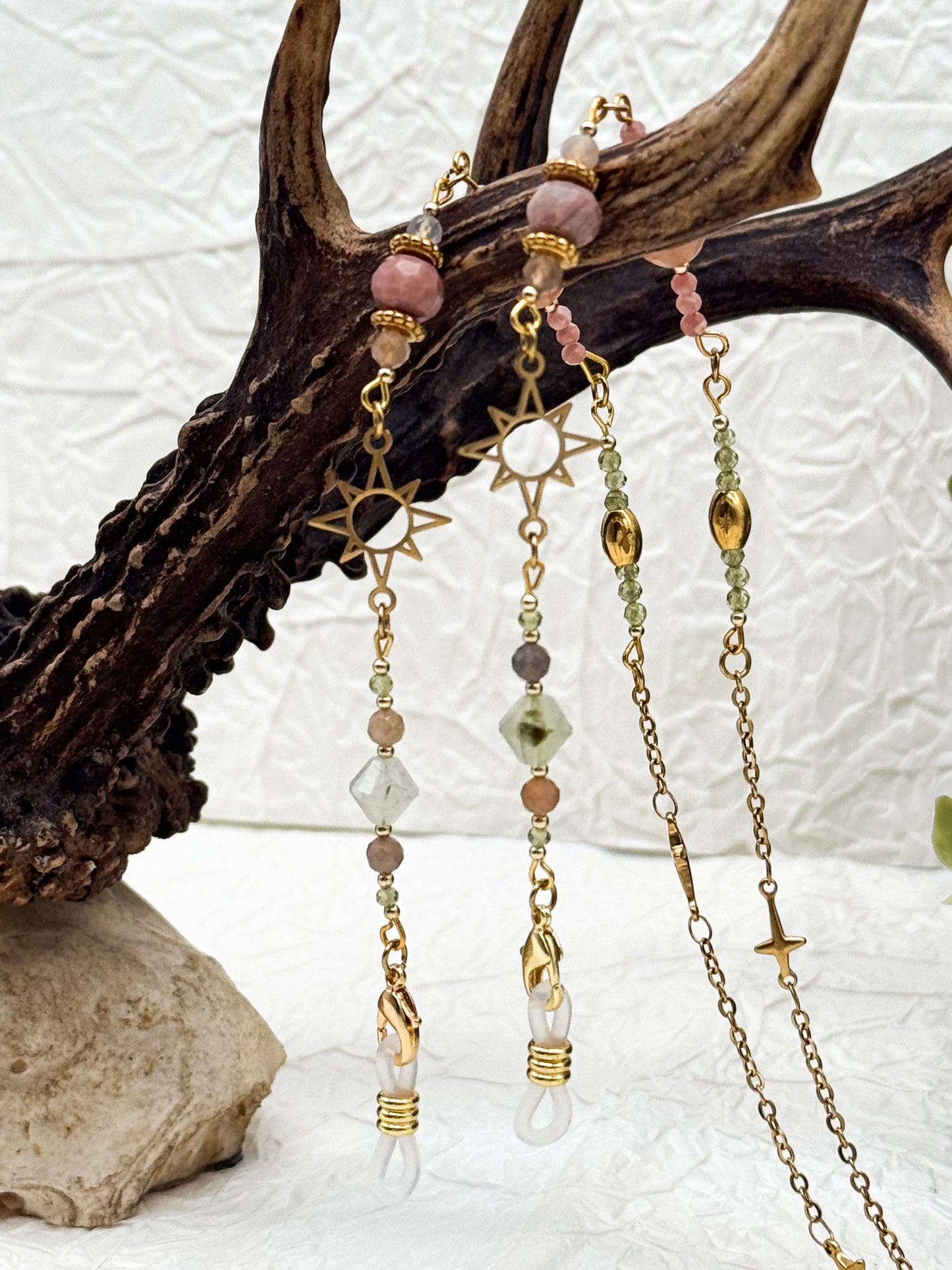 Brillenkette Bloom Spring mit Rhodochrosit & Pfirsich Mondstein | Gold & Silber | Edelstahl