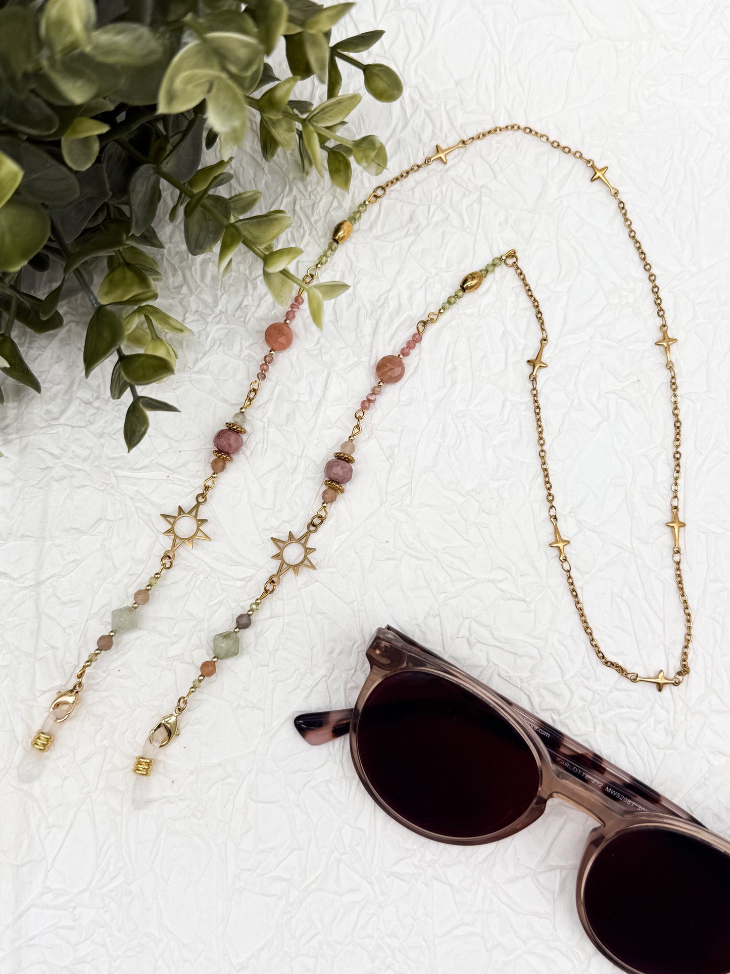 Brillenkette Bloom Spring mit Rhodochrosit & Pfirsich Mondstein | Gold & Silber | Edelstahl