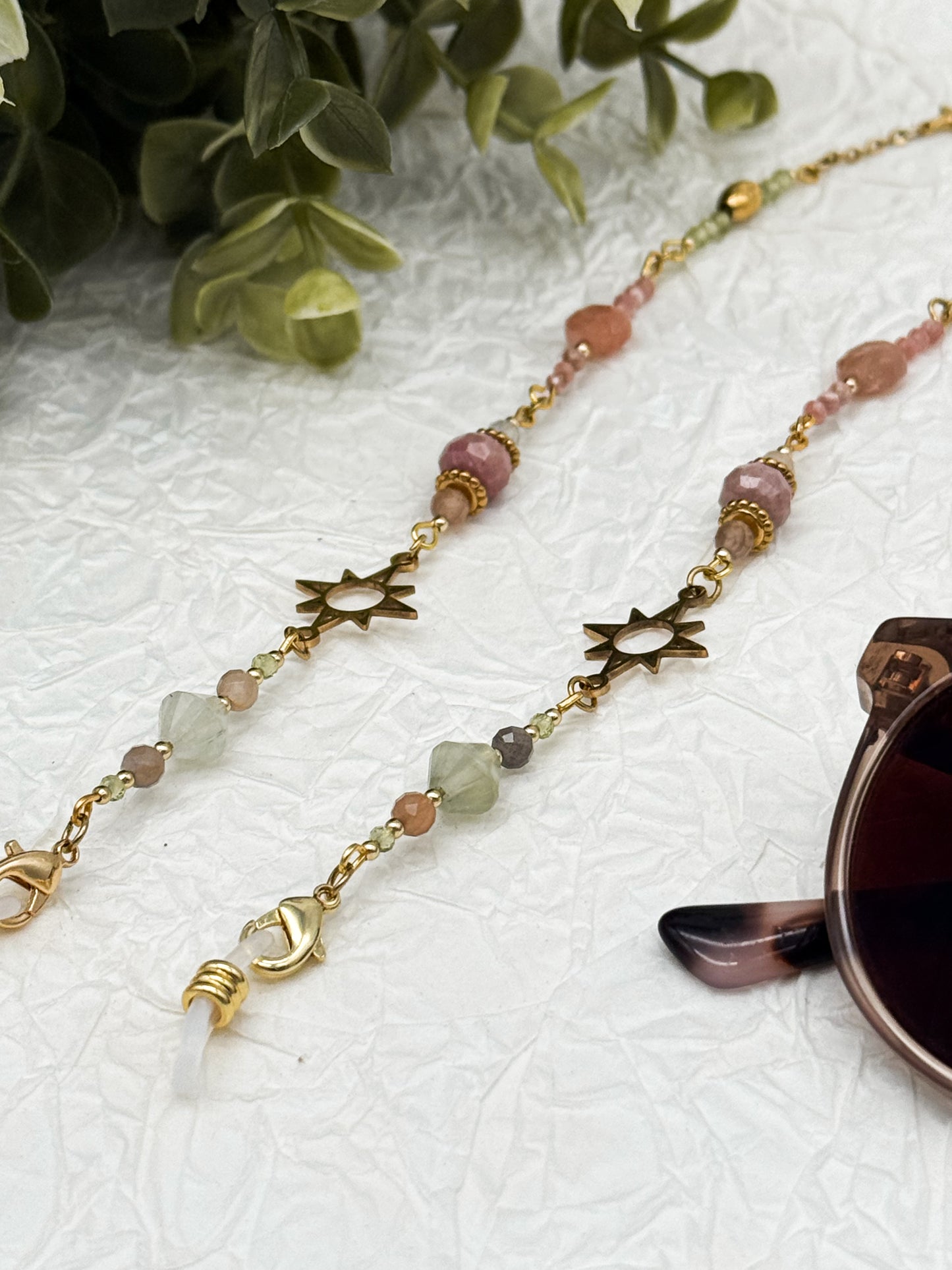 Brillenkette Bloom Spring mit Rhodochrosit & Pfirsich Mondstein | Gold & Silber | Edelstahl