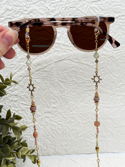 Brillenkette Bloom Spring mit Rhodochrosit & Pfirsich Mondstein | Gold & Silber | Edelstahl