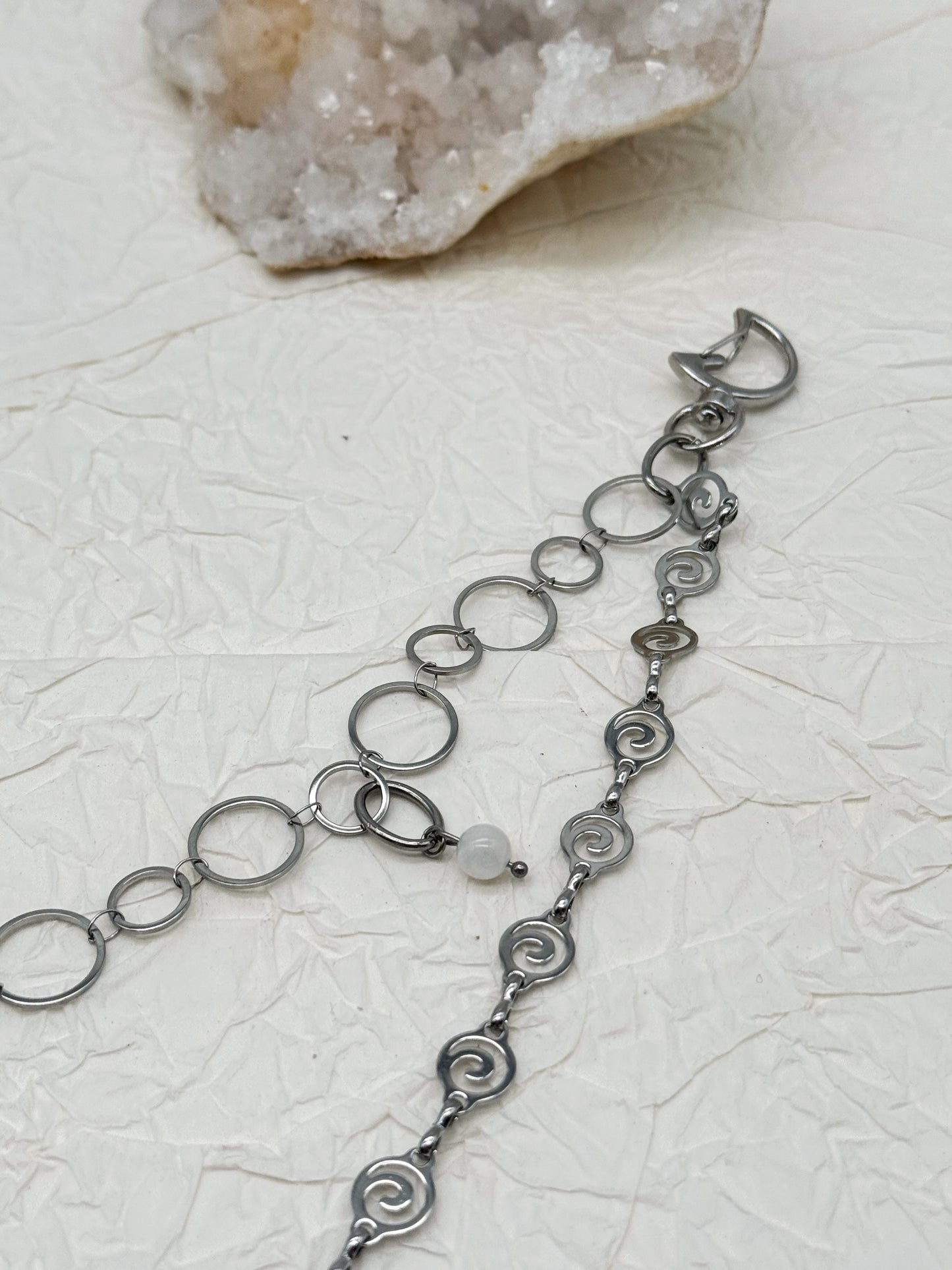 Gürtelkette - Taschenkette mit Mondstein & Bergkristall | Silber & Gold | Edelstahl