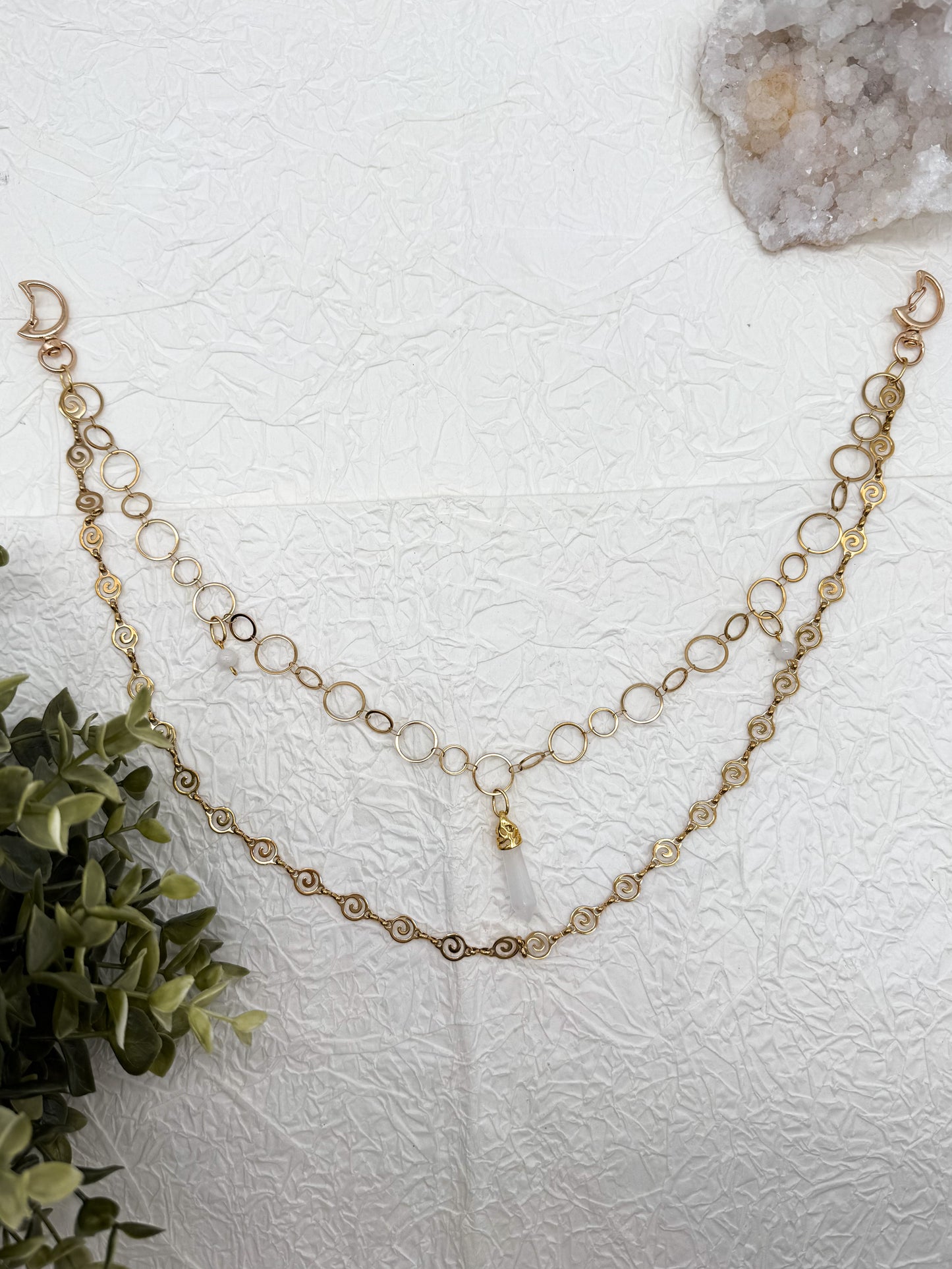 Gürtelkette - Taschenkette mit Mondstein & Bergkristall | Silber & Gold | Edelstahl