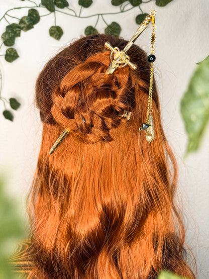 Schwert Haarnadeln mit Obsidian, Turmalin & Labradorit | Gold & Silber