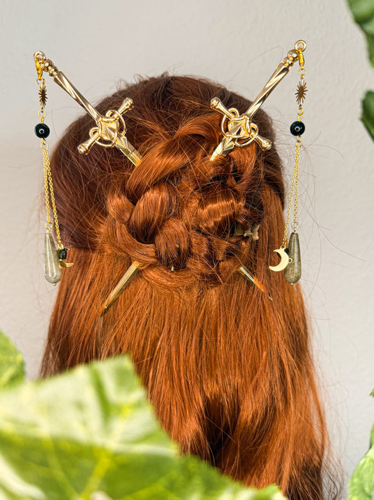 Schwert Haarnadeln mit Obsidian, Turmalin & Labradorit | Gold & Silber